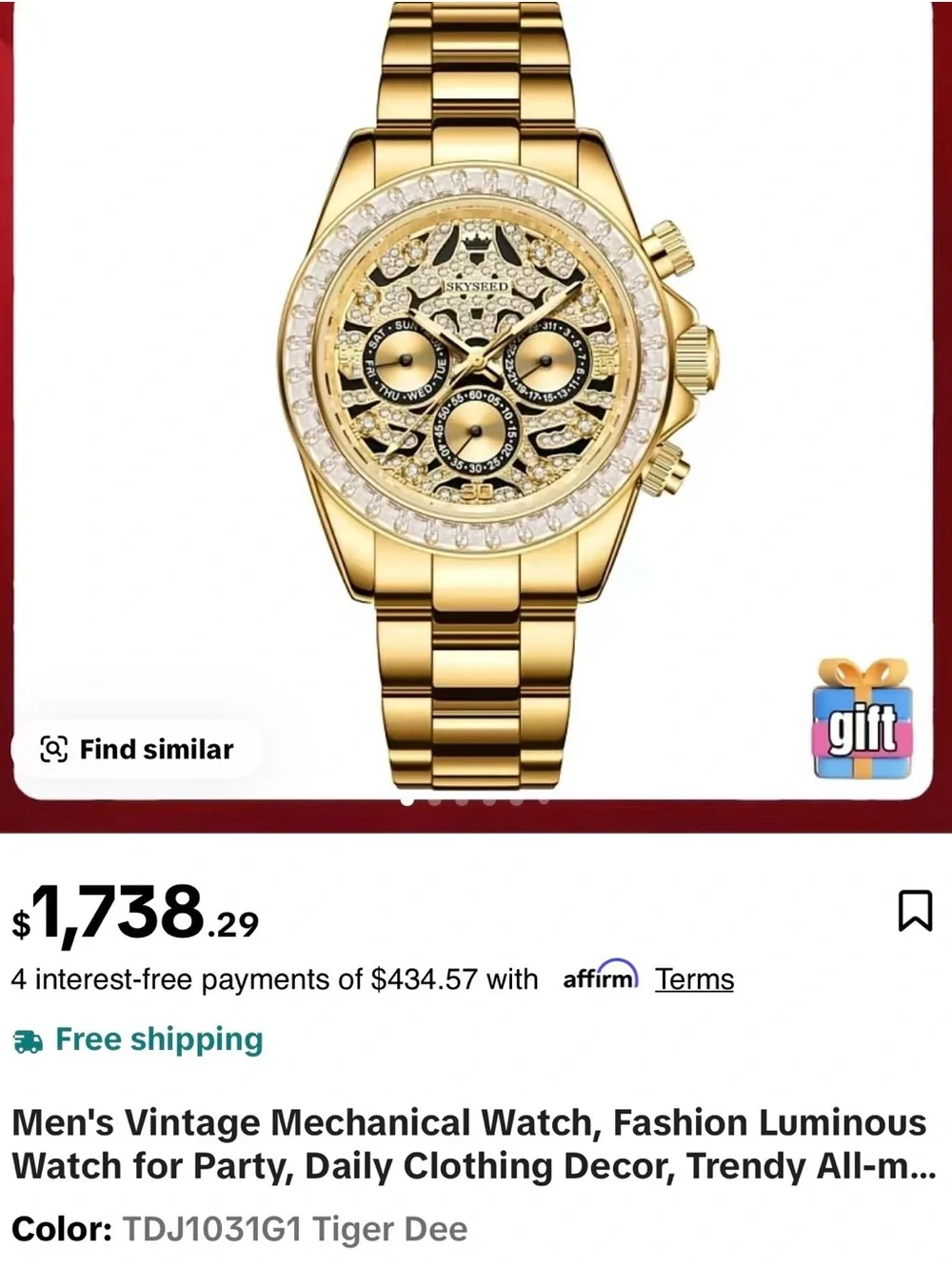 Men's Gold Mechanical Watch with Crystal Accent